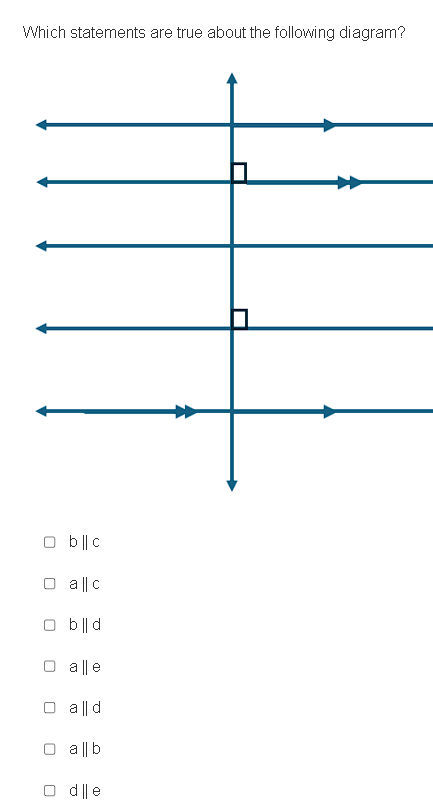 Which statements are true about the following diagram?
bparallel c
aparallel c
b||d
a||e
abeginvmatrix endvmatrix d
abeginvmatrix endvmatrix b
dparallel e