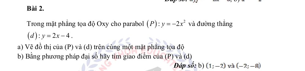 Trong mặt phẳng tọa độ Oxy cho parabol (P):y=-2x^2 và đường thắng
(d):y=2x-4. 
a) Vẽ đồ thị của (P) và (d) trên cùng một mặt phẳng tọa độ 
b) Bằng phương pháp đại số hãy tìm giao điểm của (P) và (d) 
Đáp shat o:b) (1;-2) và (-2;-8)