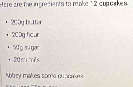 Here are the ingredients to make 12 cupcakes.
200g butter
200g flour
50g sugar
20ml milk 
Abbey makes some cupcakes.