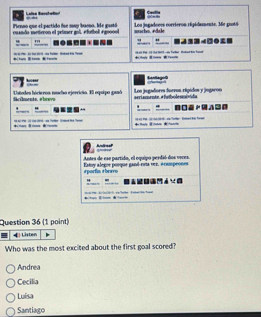 Luisa Secchettoś Cecilla
@Lulsa @Cecila
Pienso que el partido fue muy bueno. Me gustó Los jugadores corrieron rápidamente. Me gustó
cuando metieron el primer gol. #futbol #gooool mucho. #dale
"
13 .
NUTARNTS ABNCHTRS
18.42 P9 - 22 Ost 2015 - Ha Twiller - Ended Bis Twoet 10:42 PM - 22 Cct 2015 - via Twitter - Embed Ihis Twoo
Raply Cenata ◆ Rapty @ Delete Favrte
SantiagoG
lucasr
@Racans (fartiagot
Ustedes hicieron mucho ejercicio. El equipo ganó Los jugadores fueron rápidos y jugaron
facilmente. #bravo seriamente. # futbolesmivida
60
a 48
RetWEE t8 FAVONTED MB TOBKNTS
10 42 FM - 22 Ocl 2015 - via Terter - Ersbed thin Tweet 13 42 PMM - 22 Out 2015 - vis Twitler - Embed this Tweet
Hapry Doloa ★ Firvorlo ◆ Raply Dotela Ferriik
AndreaF
(A Ge
Antes de ese partido, el equipo perdió dos veces.
Estoy alegre porque ganó esta vez. #campeones
#porfin #bravo
10 62
“ “” N 
13-62 PM - 22 Oct 20 15 - wa Twile Erebed this Twreet
◆ Roply Coletin Fauordn
Question 36 (1 point)
Listen
Who was the most excited about the first goal scored?
Andrea
Cecilia
Luisa
Santiago