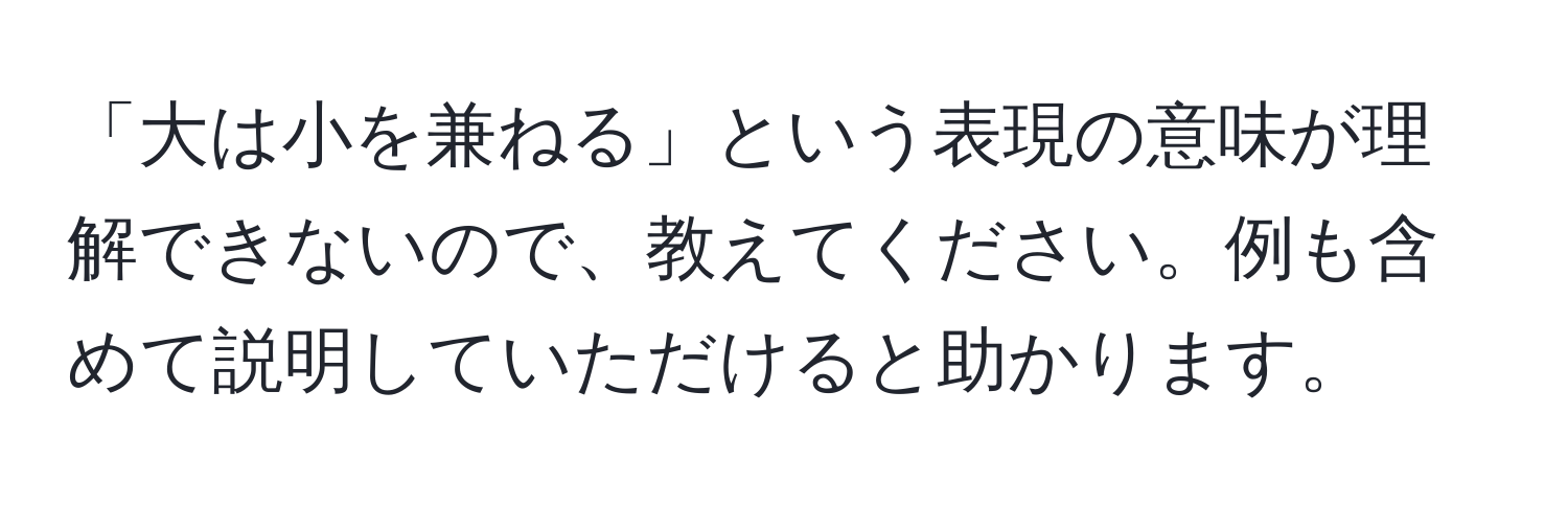 「大は小を兼ねる」という表現の意味が理解できないので、教えてください。例も含めて説明していただけると助かります。