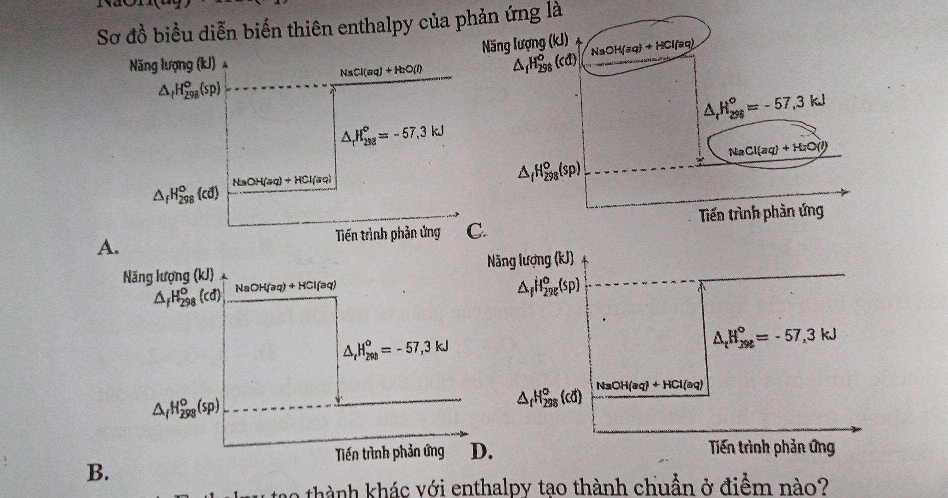 Sơ đồ biểu diễn biến thiên enthalpy của phản ứng là
Năng lượng (kJ) NaOH(aq)+HCl(aq)
Năng lượng (kJ)
NsCl(aq) +H_2O(l)
△ _1H_(298)°(cd)
△ _fH_(298)°(sp)
△ _fH_(298)°=-57.3kJ
△ _rH_(298)°=-57.3kJ
NaCl(aq)+H_2O(l)
NaOH(aq)+HCl(aq)
△ _iH_(298)^o(sp)
△ _fH_(298)°(cd)
Tiến trình phản ứng C. Tiến trình phần ứng
A.
Năng Jlutong(kJ)A
△ _fH_(298)^0(cd)...frac NaOH(aq)+HCl(aq)
△ _rH_(298)^o=-57,3kJ
△ _fH_(298)^o(sp)
Tiến trình phản ứng 
B.
thành khác với enthalpy tạo thành chuẩn ở điểm nào?