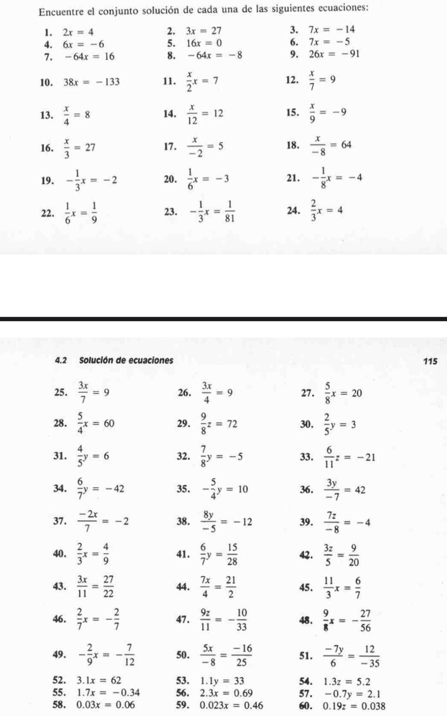 Encuentre el conjunto solución de cada una de las siguientes ecuaciones:
1. 2x=4 2. 3x=27 3. 7x=-14
4. 6x=-6 5. 16x=0 6. 7x=-5
7. -64x=16 8. -64x=-8 9. 26x=-91
10. 38x=-133 11.  x/2 x=7 12.  x/7 =9
13.  x/4 =8 14.  x/12 =12 15.  x/9 =-9
16.  x/3 =27 17.  x/-2 =5 18.  x/-8 =64
19. - 1/3 x=-2 20.  1/6 x=-3 21. - 1/8 x=-4
22.  1/6 x= 1/9  23. - 1/3 x= 1/81  24.  2/3 x=4
4.2 Solución de ecuaciones 115
25.  3x/7 =9 26.  3x/4 =9 27.  5/8 x=20
28.  5/4 x=60 29.  9/8 z=72 30.  2/5 y=3
31.  4/5 y=6 32.  7/8 y=-5 33.  6/11 z=-21
34.  6/7 y=-42 35. - 5/4 y=10 36.  3y/-7 =42
37.  (-2x)/7 =-2 38.  8y/-5 =-12 39.  7z/-8 =-4
40.  2/3 x= 4/9  41.  6/7 y= 15/28  42.  3z/5 = 9/20 
43.  3x/11 = 27/22  44.  7x/4 = 21/2  45.  11/3 x= 6/7 
46.  2/7 x=- 2/7  47.  9z/11 =- 10/33  48.  9/8 x=- 27/56 
49. - 2/9 x=- 7/12  50.  5x/-8 = (-16)/25  51.  (-7y)/6 = 12/-35 
52. 3.1x=62 53. 1.1y=33 54. 1.3z=5.2
55. 1.7x=-0.34 56. 2.3x=0.69 57 . -0.7y=2.1
58. 0.03x=0.06 59. 0.023x=0.46 60. 0.19z=0.038