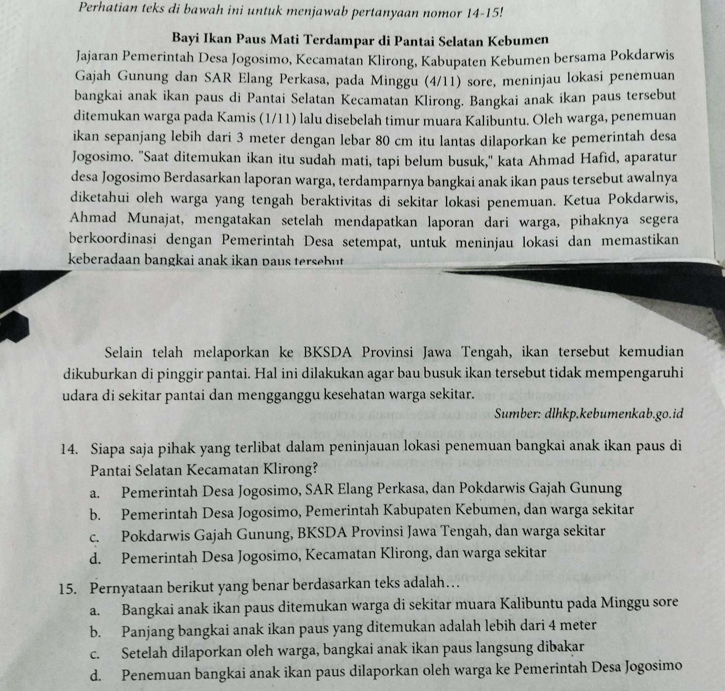 Perhatian teks di bawah ini untuk menjawab pertanyaan nomor 14-15!
Bayi Ikan Paus Mati Terdampar di Pantai Selatan Kebumen
Jajaran Pemerintah Desa Jogosimo, Kecamatan Klirong, Kabupaten Kebumen bersama Pokdarwis
Gajah Gunung dan SAR Elang Perkasa, pada Minggu (4/11) sore, meninjau lokasi penemuan
bangkai anak ikan paus di Pantai Selatan Kecamatan Klirong. Bangkai anak ikan paus tersebut
ditemukan warga pada Kamis (1/11) lalu disebelah timur muara Kalibuntu. Oleh warga, penemuan
ikan sepanjang lebih dari 3 meter dengan lebar 80 cm itu lantas dilaporkan ke pemerintah desa
Jogosimo. "Saat ditemukan ikan itu sudah mati, tapi belum busuk," kata Ahmad Hafid, aparatur
desa Jogosimo Berdasarkan laporan warga, terdamparnya bangkai anak ikan paus tersebut awalnya
diketahui oleh warga yang tengah beraktivitas di sekitar lokasi penemuan. Ketua Pokdarwis,
Ahmad Munajat, mengatakan setelah mendapatkan laporan dari warga, pihaknya segera
berkoordinasi dengan Pemerintah Desa setempat, untuk meninjau lokasi dan memastikan
keberadaan bangkai anak ikan paus tersebut 
Selain telah melaporkan ke BKSDA Provinsi Jawa Tengah, ikan tersebut kemudian
dikuburkan di pinggir pantai. Hal ini dilakukan agar bau busuk ikan tersebut tidak mempengaruhi
udara di sekitar pantai dan mengganggu kesehatan warga sekitar.
Sumber: dlhkp.kebumenkab.go.id
14. Siapa saja pihak yang terlibat dalam peninjauan lokasi penemuan bangkai anak ikan paus di
Pantai Selatan Kecamatan Klirong?
a. Pemerintah Desa Jogosimo, SAR Elang Perkasa, dan Pokdarwis Gajah Gunung
b. Pemerintah Desa Jogosimo, Pemerintah Kabupaten Kebumen, dan warga sekitar
c. Pokdarwis Gajah Gunung, BKSDA Provinsi Jawa Tengah, dan warga sekitar
d. Pemerintah Desa Jogosimo, Kecamatan Klirong, dan warga sekitar
15. Pernyataan berikut yang benar berdasarkan teks adalah…
a. Bangkai anak ikan paus ditemukan warga di sekitar muara Kalibuntu pada Minggu sore
b. Panjang bangkai anak ikan paus yang ditemukan adalah lebih dari 4 meter
c. Setelah dilaporkan oleh warga, bangkai anak ikan paus langsung dibakar
d. Penemuan bangkai anak ikan paus dilaporkan oleh warga ke Pemerintah Desa Jogosimo