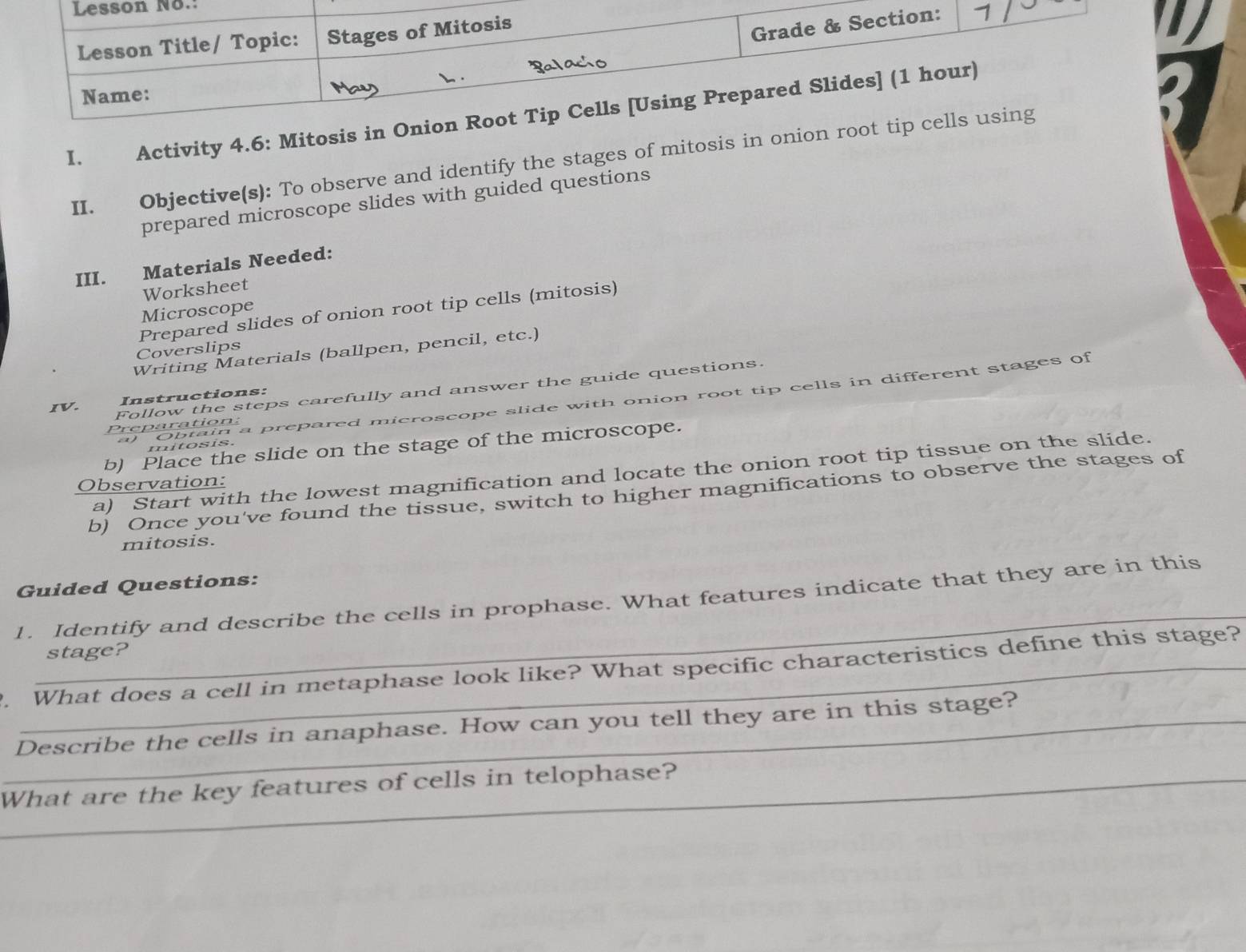 Lesson No.: 
Lesson Title/ Topic: Stages of Mitosis 
Grade & Section: 
Name: 
I. Activity 4.6: Mitosis in Onion Root Tip Cells [Using Prepared Slides] (1 hour) 
II. Objective(s): To observe and identify the stages of mitosis in onion root tip cells using 
prepared microscope slides with guided questions 
III. Materials Needed: 
Worksheet 
Prepared slides of onion root tip cells (mitosis) 
Microscope 
Coverslips 
Writing Materials (ballpen, pencil, etc.) 
IV. 
Follow the steps carefully and answer the guide questions. 
Instructions: 
) Obtain a prepared microscope slide with onion root tip cells in different stages of 
Preparation: 
b) Place the slide on the stage of the microscope. 
mitosis. 
a) Start with the lowest magnification and locate the onion root tip tissue on the slide. 
Observation: 
b) Once you've found the tissue, switch to higher magnifications to observe the stages of 
mitosis. 
Guided Questions: 
_ 
1. Identify and describe the cells in prophase. What features indicate that they are in this 
stage? 
?. What does a cell in metaphase look like? What specific characteristics define this stage? 
_Describe the cells in anaphase. How can you tell they are in this stage? 
_What are the key features of cells in telophase?