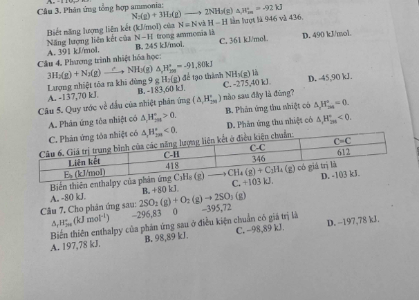 Phản ứng tổng hợp ammonia: N_2(g)+3H_2(g)to 2NH_3(g)△ _2H_(2m)°=-92kJ lần lượt là 946 và 436.
Biết năng lượng liên kết (kJ/mol) của N=NvaH-H
Năng lượng liên kết của N−H trong ammonia là
A. 391 kJ/mol. B. 245 kJ/mol. C. 361 kJ/mol. D. 490 kJ/mol.
Câu 4. Phương trình nhiệt hóa học:
3H_2(g)+N_2(g)to NH_3(g △ _rH_(299)°=-91,80kJ NH_3(g) là
Lượng nhiệt tỏa ra khi dùng 9 g H_2(g) để tạo thành
A. -137,70 kJ. B. -183,60 kJ. C. -275,40 kJ. D. -45,90 kJ.
Câu 5. Quy ước về đấu của nhiệt phản ứng (△ _rH_(298)°) nào sau đây là đúng?
A. Phản ứng tỏa nhiệt có △ _rH_(298)°>0. B. Phản ứng thu nhiệt có △ _rH_(256)°=0.
D. Phản ứng thu nhiệt có △ _rH_(298)°<0.
Biển thiên enthalpy của phản ứng
A. -80 kJ. C. +103 kJ.
Câu 7. Cho phản ứng sau: 2SO_2(g)+O_2(g)to 2SO_3(g) B. +80 kJ.
△ _rH_(2n)°(kJmol^(-1)) -296,83  0 -395,72
Biến thiên enthalpy của phản ứng sau ở điều kiện chuẩn có giá trị là
A. 197,78 kJ. B. 98,89 kJ. C. -98,89 kJ. D. -197,78 kJ.