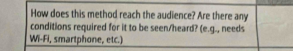 How does this method reach the audience? Are there any 
conditions required for it to be seen/heard? (e.g., needs 
Wi-Fi, smartphone, etc.)