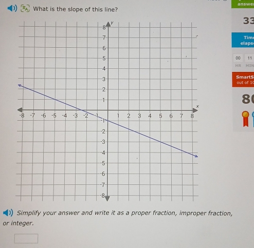 )) What is the slope of this line? answe 
33 
Tim 
elaps 
00 11 
HR MIM 
SmartS 
out of 1 
8 
)) Simplify your answer and write it as a proper fraction, improper fraction, 
or integer.