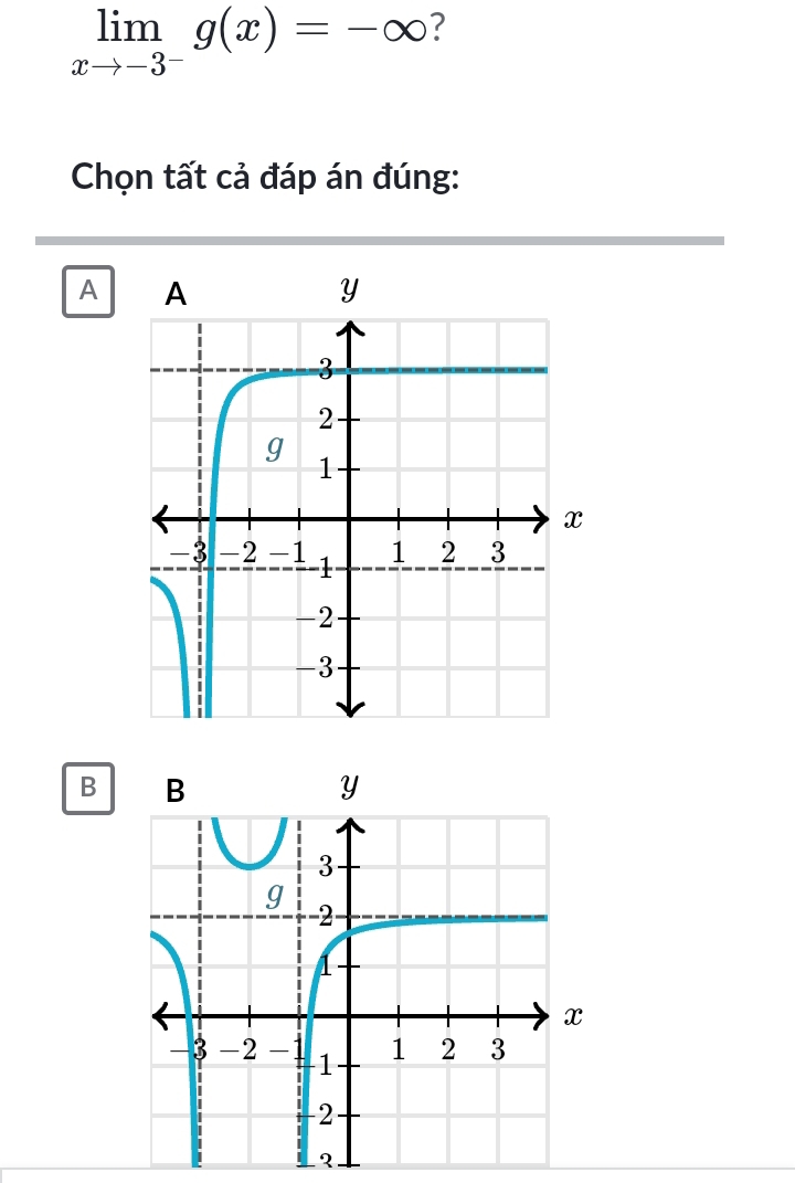 limlimits _xto -3^-g(x)=-∈fty ?
Chọn tất cả đáp án đúng:
A
B