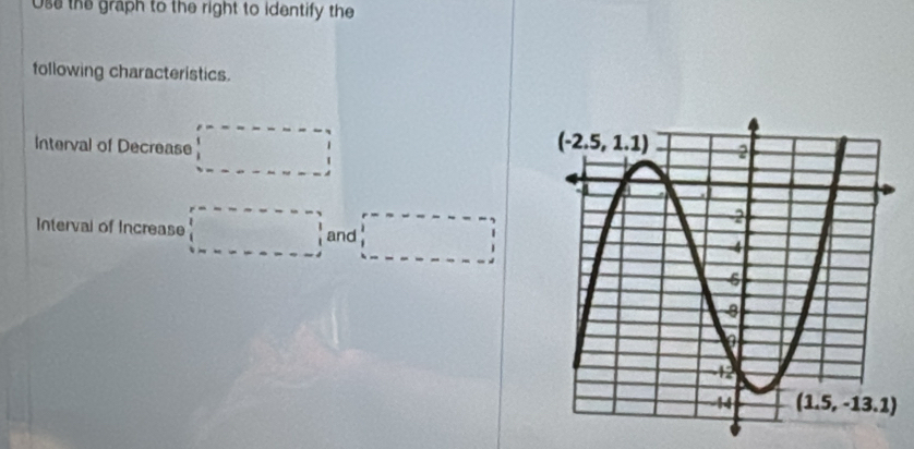 Use the graph to the right to identify the
following characteristics.
Interval of Decrease □
Interval of Increase □ and□