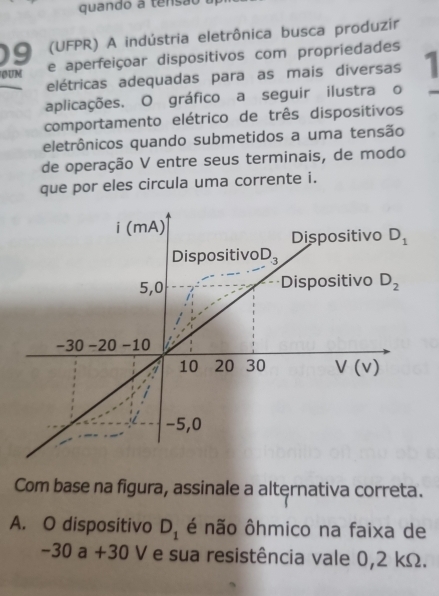 quando a tensão
9 (UFPR) A indústria eletrônica busca produzir
OUM e aperfeiçoar dispositivos com propriedades
elétricas adequadas para as mais diversas 1
aplicações. O gráfico a seguir ilustra o
comportamento elétrico de três dispositivos
eletrônicos quando submetidos a uma tensão
de operação V entre seus terminais, de modo
que por eles circula uma corrente i.
Com base na figura, assinale a altęrnativa correta.
A. O dispositivo D_1 é não ôhmico na faixa de
-30a+30V e sua resistência vale 0,2 kΩ.