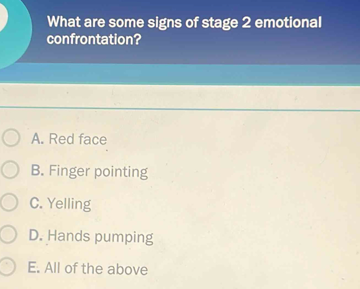 Solved: What are some signs of stage 2 emotional confrontation? A. Red ...