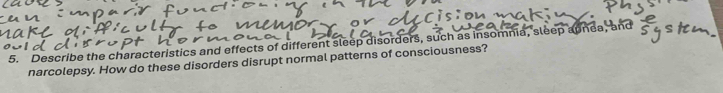 Describe the characteristics and effects of different sleep disorders, such as insomnia, sleep anne 
narcolepsy. How do these disorders disrupt normal patterns of consciousness?