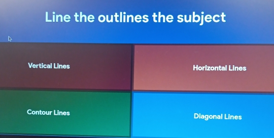 Line the outlines the subject
Vertical Lines Horizontal Lines
Contour Lines Dlagonal Lines