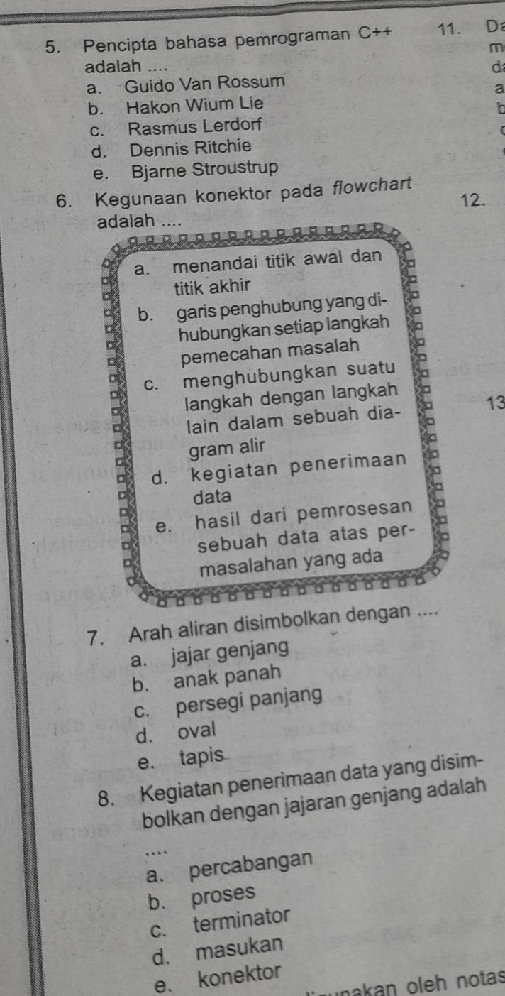 Pencipta bahasa pemrograman C++ 11. Da
m
adalah .._
d
a. Guido Van Rossum
a
b. Hakon Wium Lie

c. Rasmus Lerdorf
d. Dennis Ritchie
e. Bjarne Stroustrup
6. Kegunaan konektor pada flowchart
12.
adalah …
a. menandai titik awal dan
o titik akhir
C b. garis penghubung yang di-
hubungkan setiap langkah
pemecahan masalah
c. menghubungkan suatu
langkah dengan langkah
13
lain dalam sebuah dia-
gram alir
d. kegiatan penerimaan
p
data
9 e. hasil dari pemrosesan I
sebuah data atas per-
masalahan yang ada
7. Arah aliran disimbolkan dengan ....
a. jajar genjang
b. anak panah
c. persegi panjang
dà oval
e. tapis
8. Kegiatan penerimaan data yang disim-
bolkan dengan jajaran genjang adalah
.._
a. percabangan
b. proses
c. terminator
d. masukan
e、 konektor
nakan oleh notas