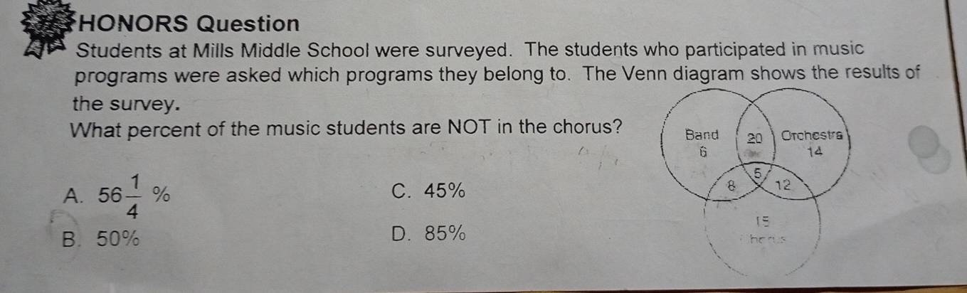 HONORS Question
Students at Mills Middle School were surveyed. The students who participated in music
programs were asked which programs they belong to. The Venn diagram shows the results of
the survey.
What percent of the music students are NOT in the chorus?
A. 56 1/4 % C. 45%
B. 50% D. 85%