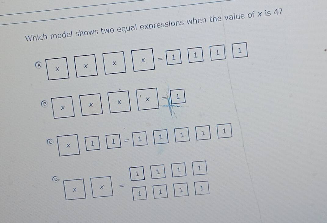 Solved: Which model shows two equal expressions when the value of x is ...