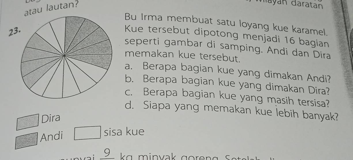 atau lautan? 
Mayan daratan 
Bu Irma membuat satu loyang kue karamel.
23
Kue tersebut dipotong menjadi 16 bagian 
seperti gambar di samping. Andi dan Dira 
memakan kue tersebut. 
a. Berapa bagian kue yang dimakan Andi? 
b. Berapa bagian kue yang dimakan Dira? 
c. Berapa bagian kue yang masih tersisa? 
d. Siapa yang memakan kue lebih banyak? 
Dira 
Andi 
sisa kue
9