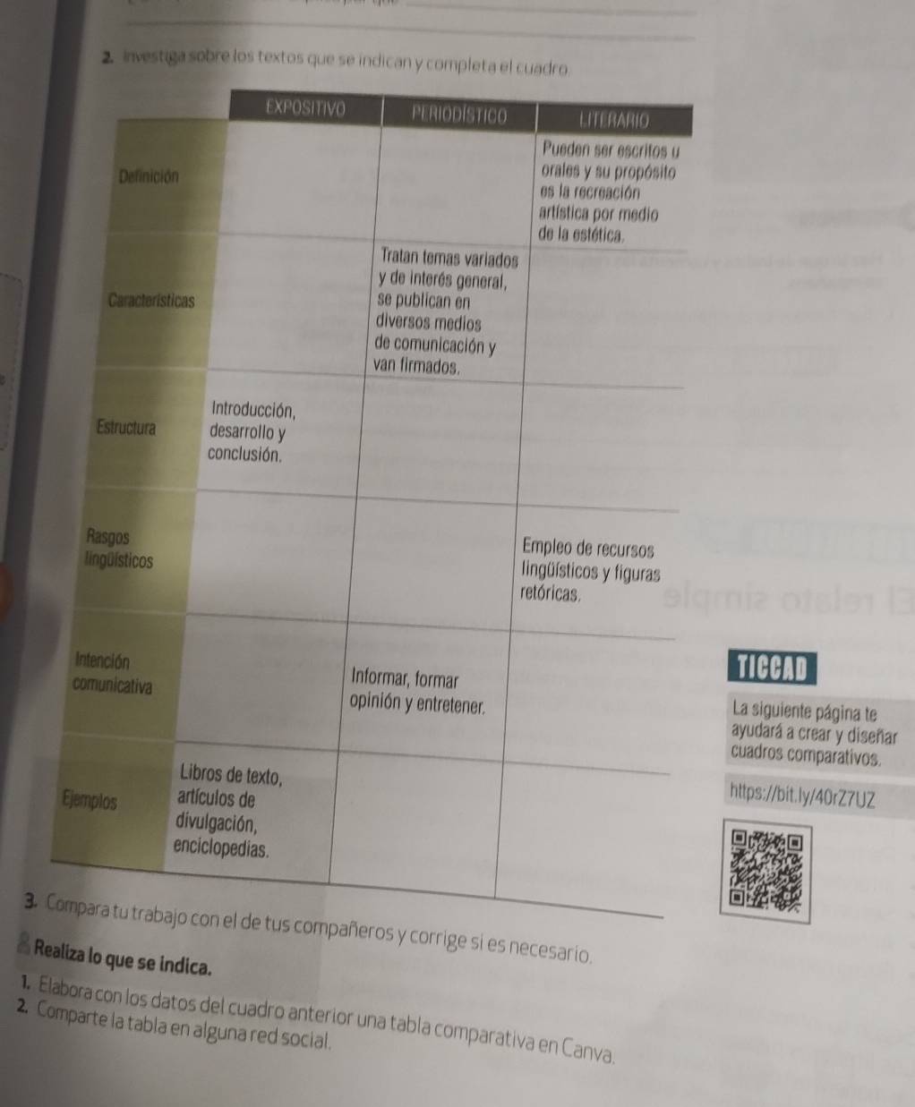 investiga sobre los textos que se indi 
TICCAD 
La siguiente página te 
ayudará a crear y diseñar 
cuadros comparativos. 
https://bit.ly/40rZ7UZ 
3. necesario. 
Realiza lo que se indica. 
1 Elabora con los datos del cuadro anterior una tabla comparativa en Canva 
2. Comparte la tabla en alguna red social.