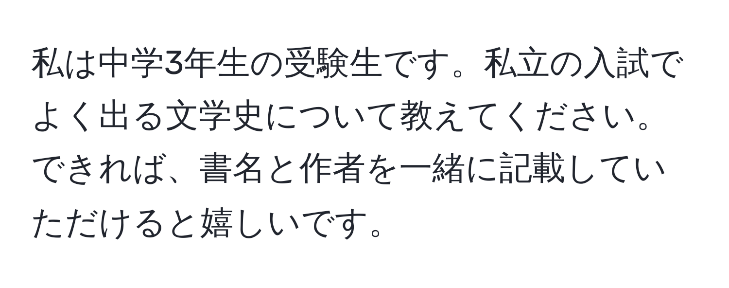 私は中学3年生の受験生です。私立の入試でよく出る文学史について教えてください。できれば、書名と作者を一緒に記載していただけると嬉しいです。