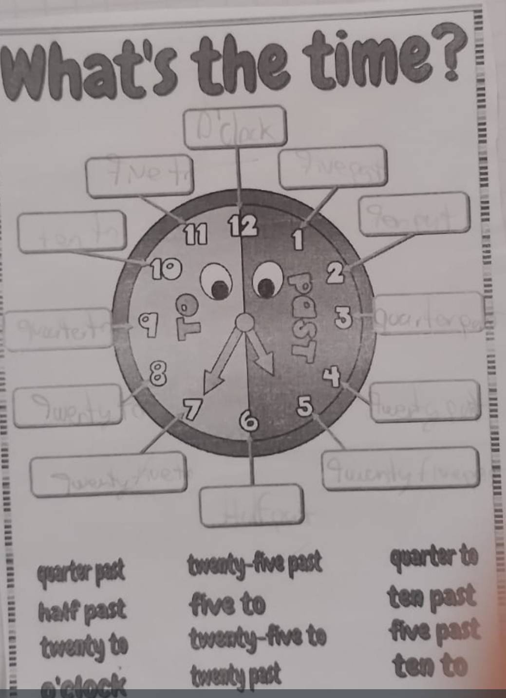 What's the time?
11 12
1
=
10
2
。
C
=
quarter past twenty-five past
quarter to
half past
five to ten past
twenty to
twentyfive to five past
ten to
not
twenty past