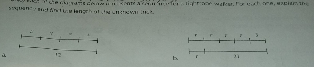 Each of the diagrams below represents a sequence for a tightrope walker. For each one, explain the 
sequence and find the length of the unknown trick.
x x x x
a.
12
b