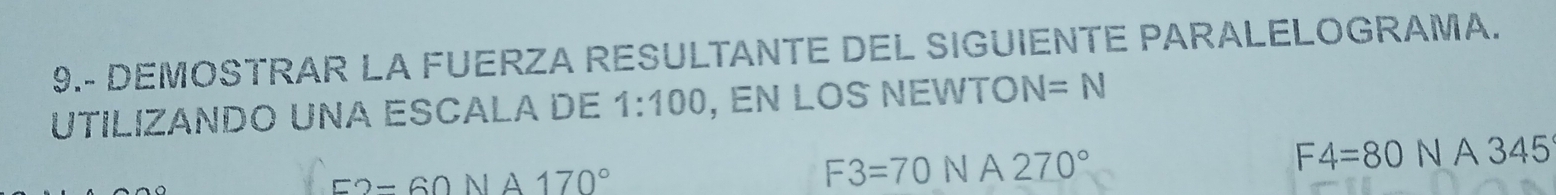 9.- DEMOSTRAR LA FUERZA RESULTANTE DEL SIGUIENTE PARALELOGRAMA. 
UTILIZANDO UNA ESCALA DE 1:100 , EN LOS NEWTON =N
E2=60NA170°
F3=70 N A 270° F4=80NA345