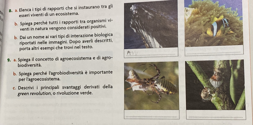 Elenca i tipi di rapporti che si instaurano tra gli 
esseri viventi di un ecosistema. 
b. Spiega perché tutti i rapporti tra organismi vi- 
venti in natura vengono considerati positivi. 
b. Dai un nome ai vari tipi di interazione biologica 
riportati nelle immagini. Dopo averli descritti, 
porta altri esempi che trovi nel testo. 
9. a. Spiega il concetto di agroecosistema e di agro- 
biodiversità. 
b. Spiega perché l'agrobiodiversità è importante 
per l'agroecosistema. 
c. Descrivi i principali svantaggi derivati della 
green revolution, o rivoluzione verde.