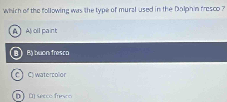 Which of the following was the type of mural used in the Dolphin fresco ?
A A) oil paint
B B) buon fresco
C C) watercolor
D D) secco fresco