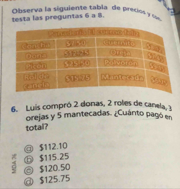 Observa la siguiente tabla de precios y con
testa las preguntas 6 a 8.
6. Luis compró 2 donas, 2 roles de canela, 3
orejas y 5 mantecadas. ¿Cuánto pagó en
total?
@ $112.10
⑤ $115.25
a ◎ $120.50
@ $125.75