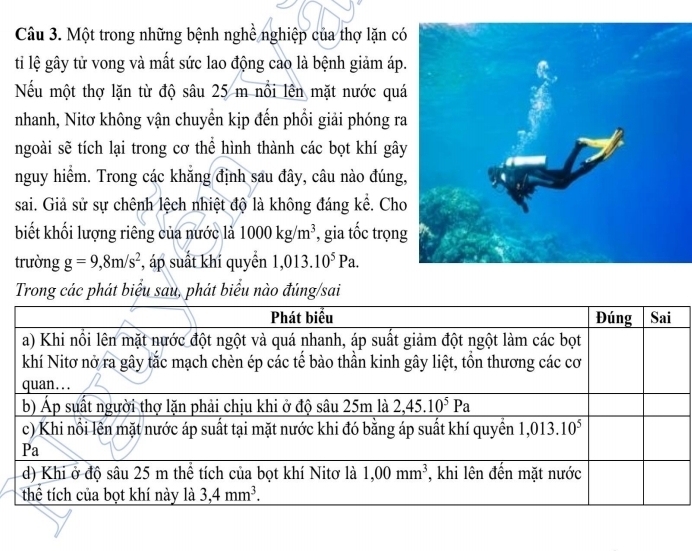 Một trong những bệnh nghề nghiệp của thợ lặn có
ti lệ gây tử vong và mất sức lao động cao là bệnh giảm áp.
Nếu một thợ lặn từ độ sâu 25 m nổi lên mặt nước quá
nhanh, Nitơ không vận chuyền kịp đến phổi giải phóng ra
ngoài sẽ tích lại trong cơ thể hình thành các bọt khí gây
nguy hiểm. Trong các khẳng định sau đây, câu nào đúng,
sai. Giả sử sự chênh lệch nhiệt độ là không đáng kể. Cho
biết khối lượng riêng của nước là 1000kg/m^3 , gia tốc trọng
trường g=9,8m/s^2 , áp suất khí quyển 1 013.10^5Pa.
Trong các phát biểu sau, phát biểu nào đúng/sai