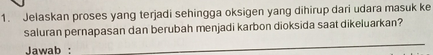 Jelaskan proses yang terjadi sehingga oksigen yang dihirup dari udara masuk ke 
saluran pernapasan dan berubah menjadi karbon dioksida saat dikeluarkan? 
Jawab : 
_