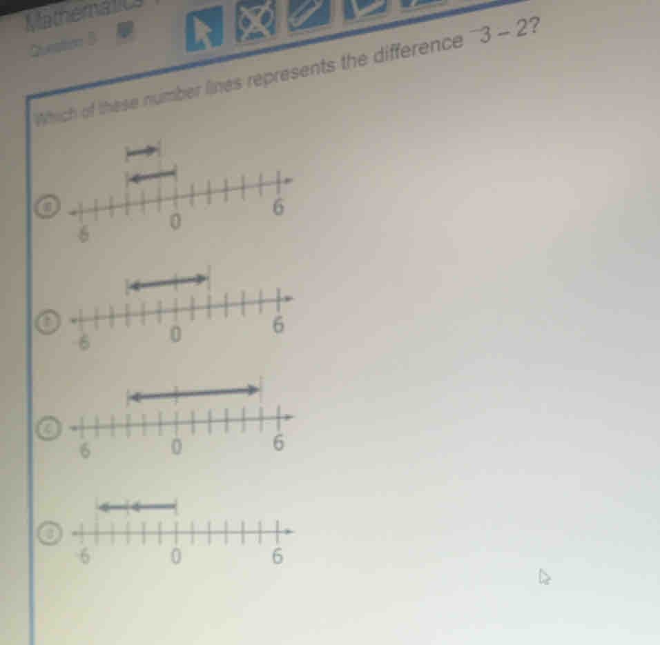 Mathemalics
Queation B
Which of these number lines represents the difference^-3-2 ?
o
6
a
a
o