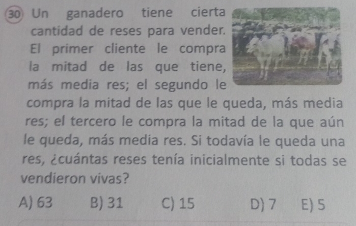 Un ganadero tiene cierta
cantidad de reses para vender
El primer cliente le compra
la mitad de las que tiene,
más media res; el segundo le
compra la mitad de las que le queda, más media
res; el tercero le compra la mitad de la que aún
le queda, más media res. Si todavía le queda una
res, ¿cuántas reses tenía inicialmente si todas se
vendieron vivas?
A) 63 B) 31 C) 15 D) 7 E) 5