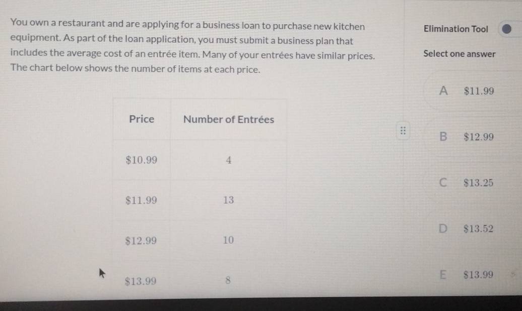 You own a restaurant and are applying for a business loan to purchase new kitchen Elimination Tool
equipment. As part of the loan application, you must submit a business plan that
includes the average cost of an entrée item. Many of your entrées have similar prices. Select one answer
The chart below shows the number of items at each price.
A $11.99
B $12.99
C $13.25
D $13.52
E $13.99