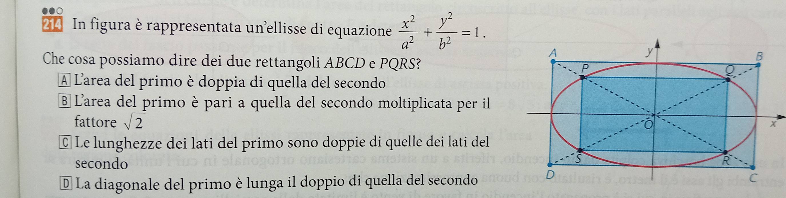 214 In figura è rappresentata un ellisse di equazione  x^2/a^2 + y^2/b^2 =1. 
Che cosa possiamo dire dei due rettangoli ABCD e PQRS?
A Larea del primo è doppia di quella del secondo
B Larea del primo è pari a quella del secondo moltiplicata per il
fattore sqrt(2)
C Le lunghezze dei lati del primo sono doppie di quelle dei lati del
secondo
D La diagonale del primo è lunga il doppio di quella del secondo