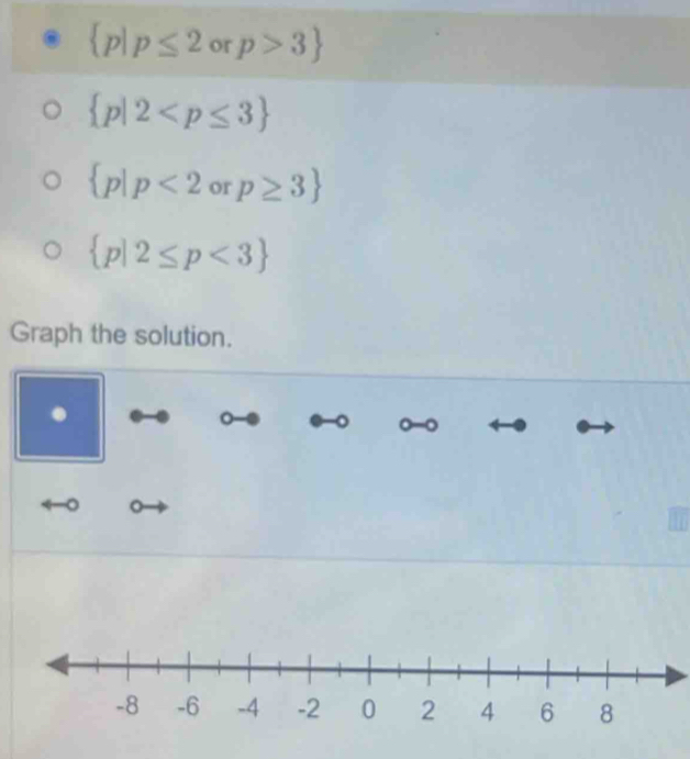  p|p≤ 2 or p>3
 p|2
 p|p<2</tex> or p≥ 3
 p|2≤ p<3
Graph the solution. 
. 
。 。 
。