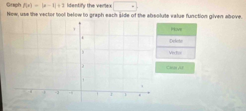 Graph f(x)=|x-1|+2 Identify the vertex □ . 
Now, use the vector tool below to graph each side of the absolute value function given above. 
Move 
Delete 
Vector 
Clear Ail