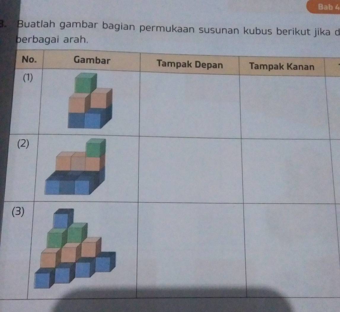 Bab 4 
3. Buatlah gambar bagian permukaan susunan kubus berikut jika d 
berbagai arah. 
(