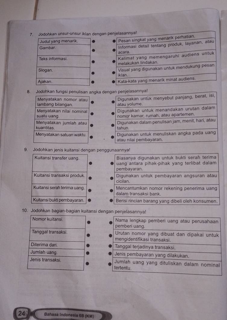 Jodohkan unsur-unsur iklan denga 
8. Jodohkan fungsi penulisan angka d 




9. Jodohkan jenis kuitansi dengan penggunaannya! 




10. Jodohkan bagian-bagian kuitansi dengan penjelasannya!
24 Bahasa Indonesia 6B (KM)