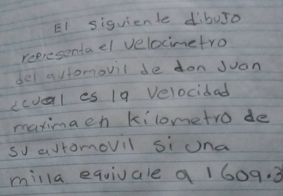 EI siguiente dibuso 
representael velocimetro 
del altomovil de on Juan 
dcval es 19 Velocidad 
maximaen kilometro de 
so avtomovil si ona 
milla equivale a 1609. 3