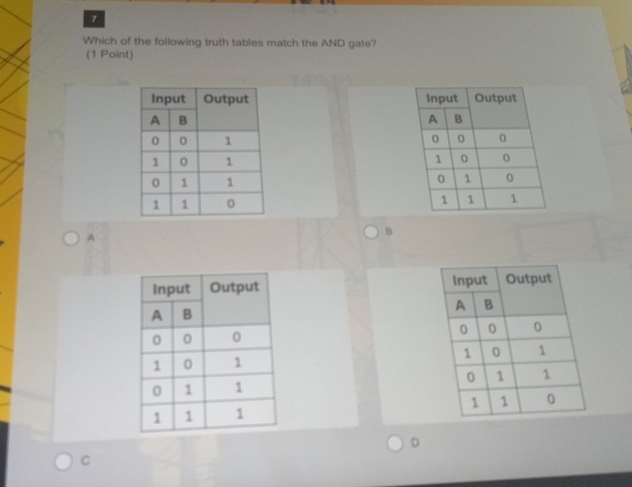 Which of the following truth tables match the AND gate? 
(1 Point) 




A 
B 




D 
C