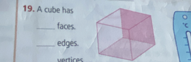 A cube has 
_faces. 
_edges. 
vertices