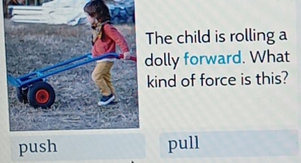 he child is rolling a
olly forward. What
ind of force is this?
push pull