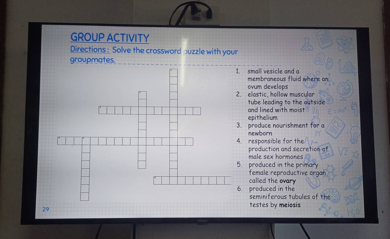 GROUP ACTIVITY 
Directions : Solve the crossword puzzle with your 
groupmates. 
1. small vesicle and a 
membraneous fluid where an 
ovum develops 
2. elastic, hollow muscular 
tube leading to the outside 
and lined with moist 
epithelium 
3. produce nourishment for a 
newborn 
4. responsible for the 
production and secretion of 
male sex hormones 
5. produced in the primary 
female reproductive organ 
called the ovary 
6. produced in the 
seminiferous tubules of the 
29 
testes by meiosis