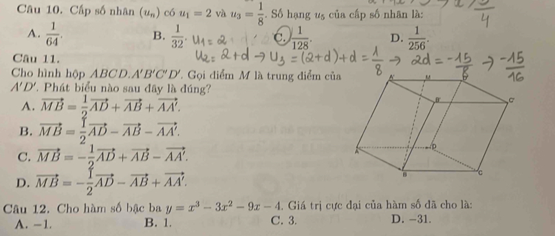 Cấp số nhân (u_n) có u_1=2 và u_3= 1/8 . Số hạng u5 của cấp số nhân là:
A.  1/64 .  1/32 . C. ) 1/128 .  1/256 . 
B.
D.
Câu 11.
Cho hình hộp ABCD. A'B'C'D'. Gọi điểm M là trung điểm của
A'D'. Phát biểu nào sau đây là đúng?
A. vector MB= 1/2 vector AD+vector AB+vector AA'.
B. vector MB= 1/2 vector AD-vector AB-vector AA'.
C. vector MB=- 1/2 vector AD+vector AB-vector AA'.
D. vector MB=- 1/2 vector AD-vector AB+vector AA'. 
Câu 12. Cho hàm số bậc ba y=x^3-3x^2-9x-4. Giá trị cực đại của hàm số đã cho là:
A. -1. B. 1. C. 3. D. -31.