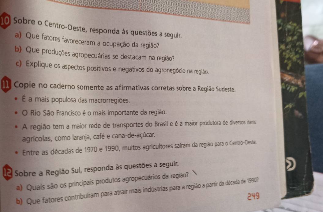 Sobre o Centro-Oeste, responda às questões a seguir.
a) Que fatores favoreceram a ocupação da região?
b) Que produções agropecuárias se destacam na região?
c) Explique os aspectos positivos e negativos do agronegócio na região.
11 Copie no caderno somente as afirmativas corretas sobre a Região Sudeste.
É a mais populosa das macrorregiões.
O Rio São Francisco é o mais importante da região.
A região tem a maior rede de transportes do Brasil e é a maior produtora de diversos iteris
agrícolas, como laranja, café e cana-de-açúcar.
Entre as décadas de 1970 e 1990, muitos agricultores saíram da região para o Centro-Oeste.
O Sobre a Região Sul, responda às questões a seguir.
a) Quais são os principais produtos agropecuários da região?
b) Que fatores contribuíram para atrair mais indústrias para a região a partir da década de 1990?
249