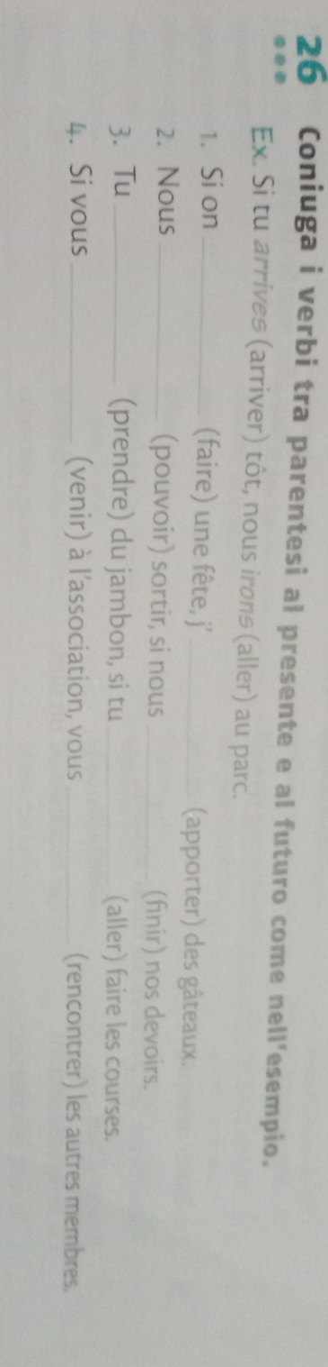 Coniuga i verbi tra parentesi al presente e al futuro come nell'esempio. 
Ex. Si tu arrives (arriver) tôt, nous irons (aller) au parc. 
1. Si on_ (faire) une fête, j' _(apporter) des gâteaux. 
2. Nous_ (pouvoir) sortir, si nous _(finir) nos devoirs. 
3. Tu _(prendre) du jambon, si tu_ (aller) faire les courses. 
4. Si vous_ (venir) à l'association, vous _(rencontrer) les autres membres.
