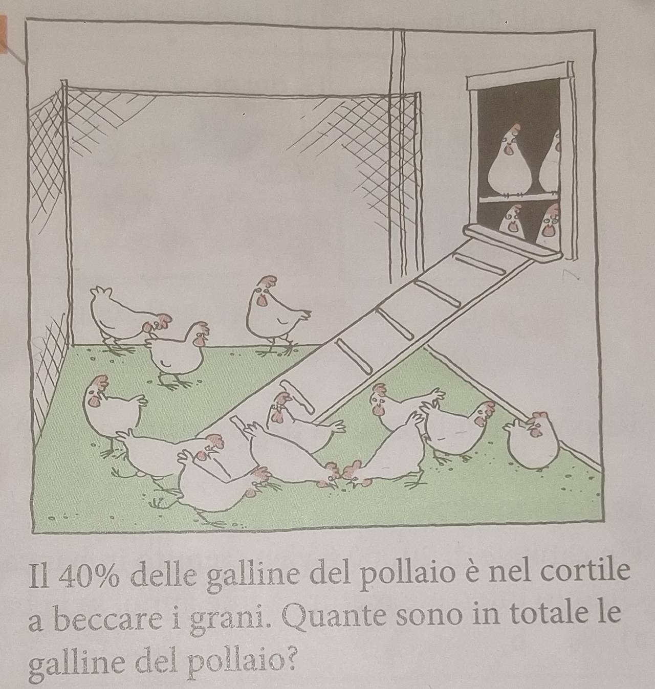 Il 40% delle galline del pollaioè nel cortile 
a beccare i grani. Quante sono in totale le 
galline del pollaio?