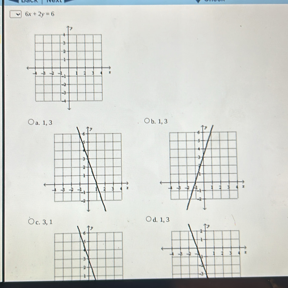 6x+2y=6
a. 1, 3b. 1, 3

c. 3, 1
d. 1, 3